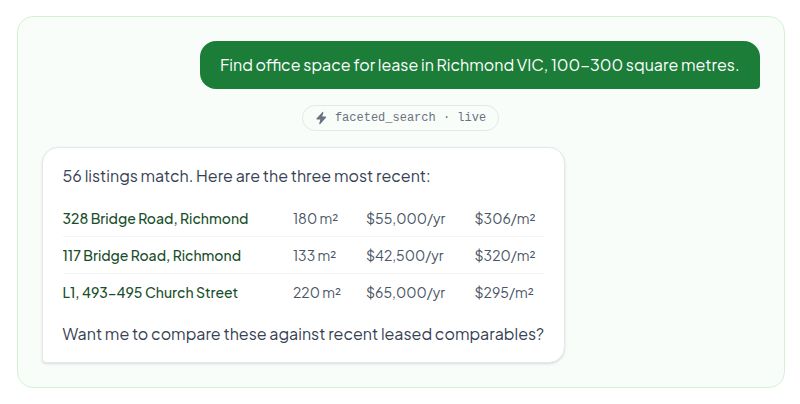 AI assistant chat asking MarketBuddy MCP for Richmond office listings and receiving three live results with rents and rates